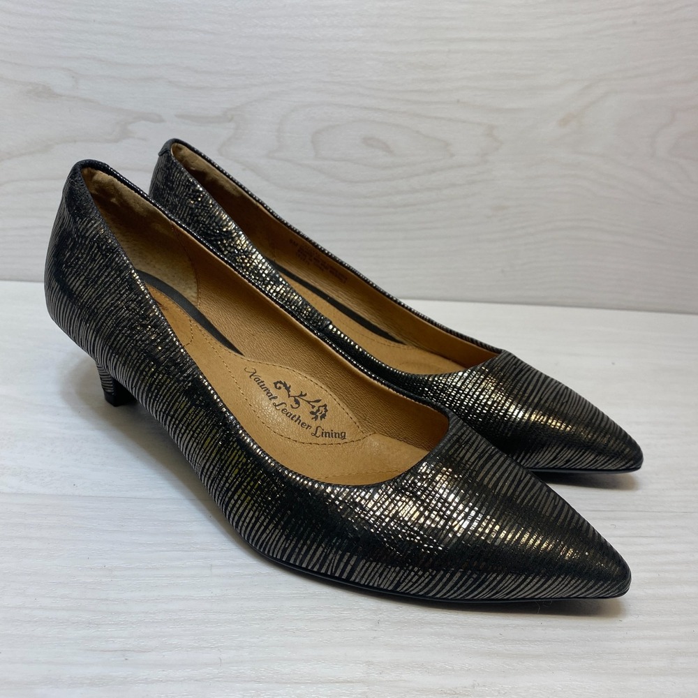 Sofft Altessa Pointed Pumps Womens Sz 8M Black Gold Striped Leather Kitten Heels